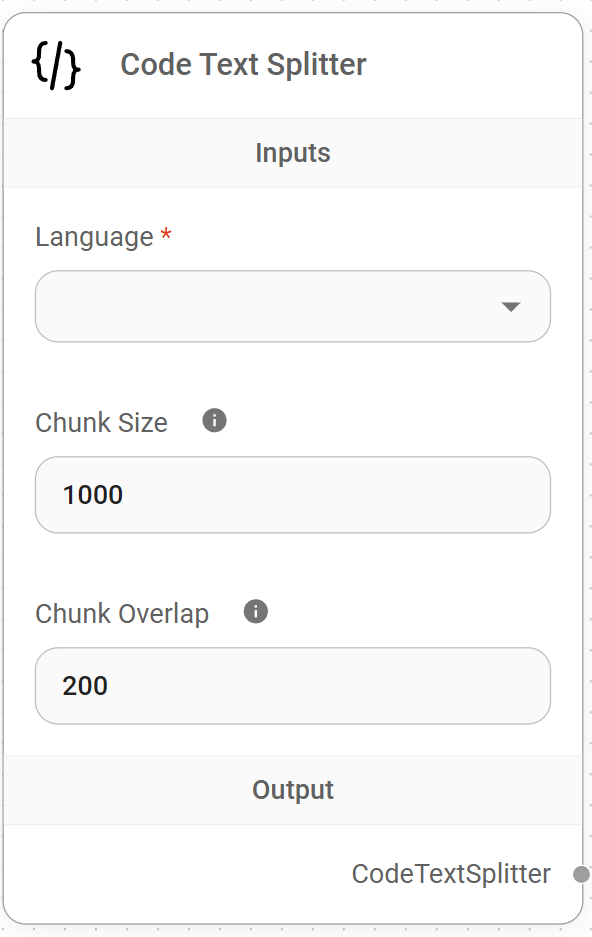 <p>Code Text Splitter Node</p>